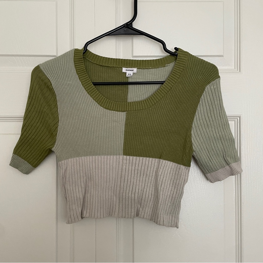 Zara Green and Cream Block Crop Top - Picture 1 of 2